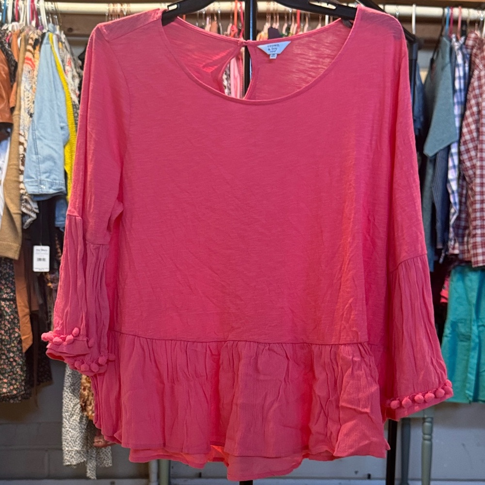 Crown & Ivy Pink Blouse with Pom-Pom Trim